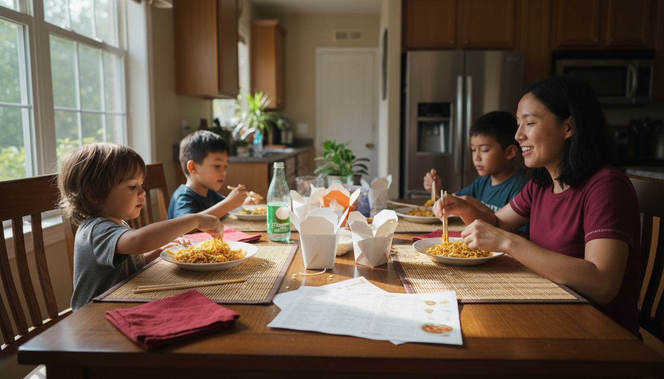 Family unpacking Thai takeout at dinner table