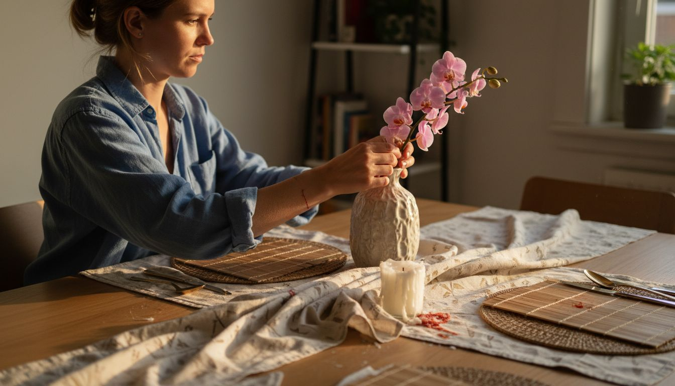 Woman decorating Thai-themed dining table