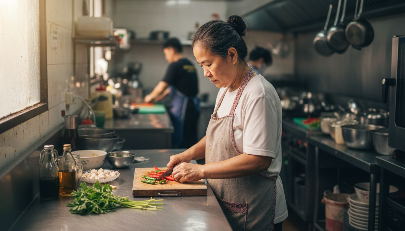 Thai chef slicing chili peppers in kitchen