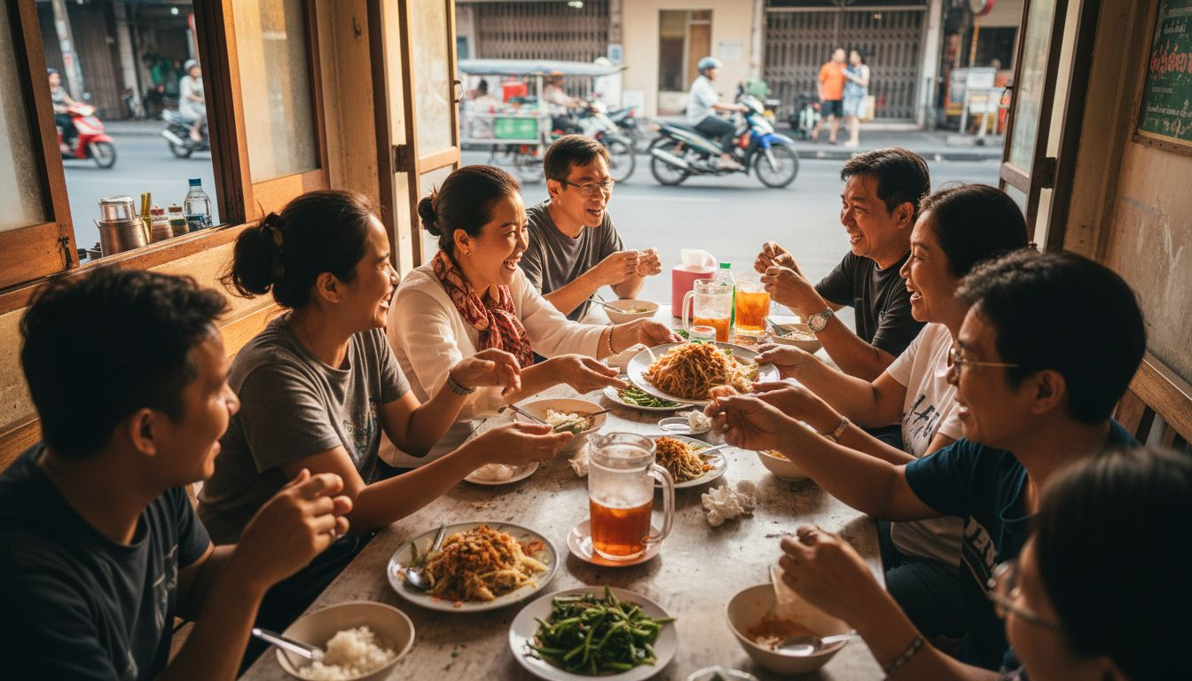 Thai community sharing meal in Bangkok restaurant