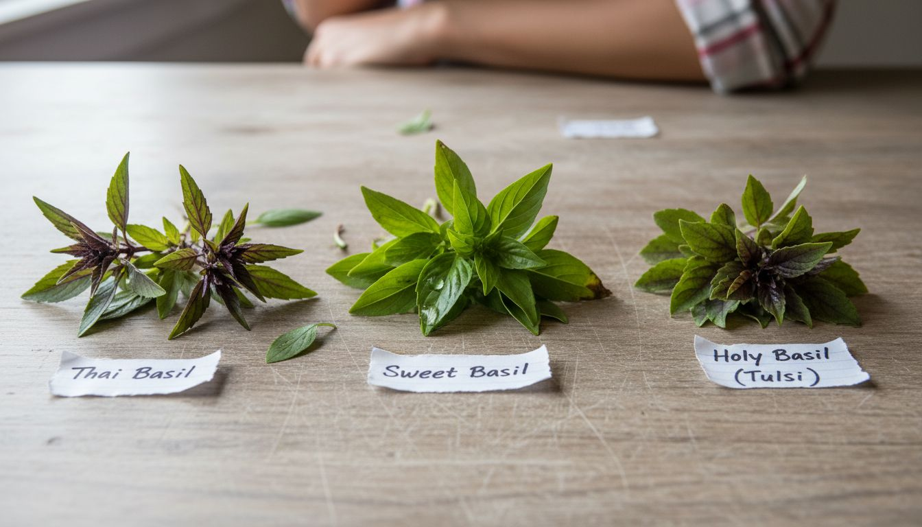 Thai basil, sweet and holy basil comparison