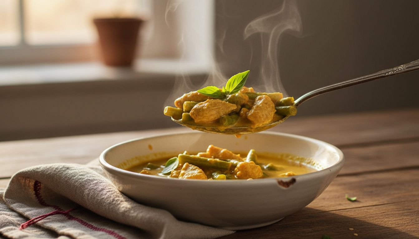 Spoonful of Thai curry showing texture details