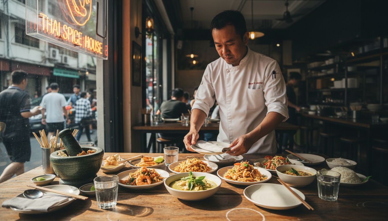 Chef arranging Thai dishes at busy table