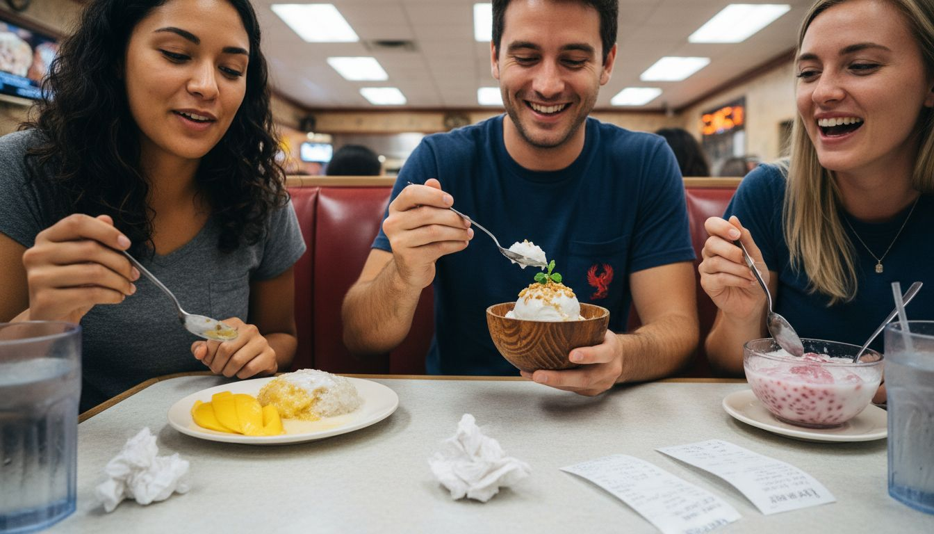 Friends sampling variety of Thai desserts