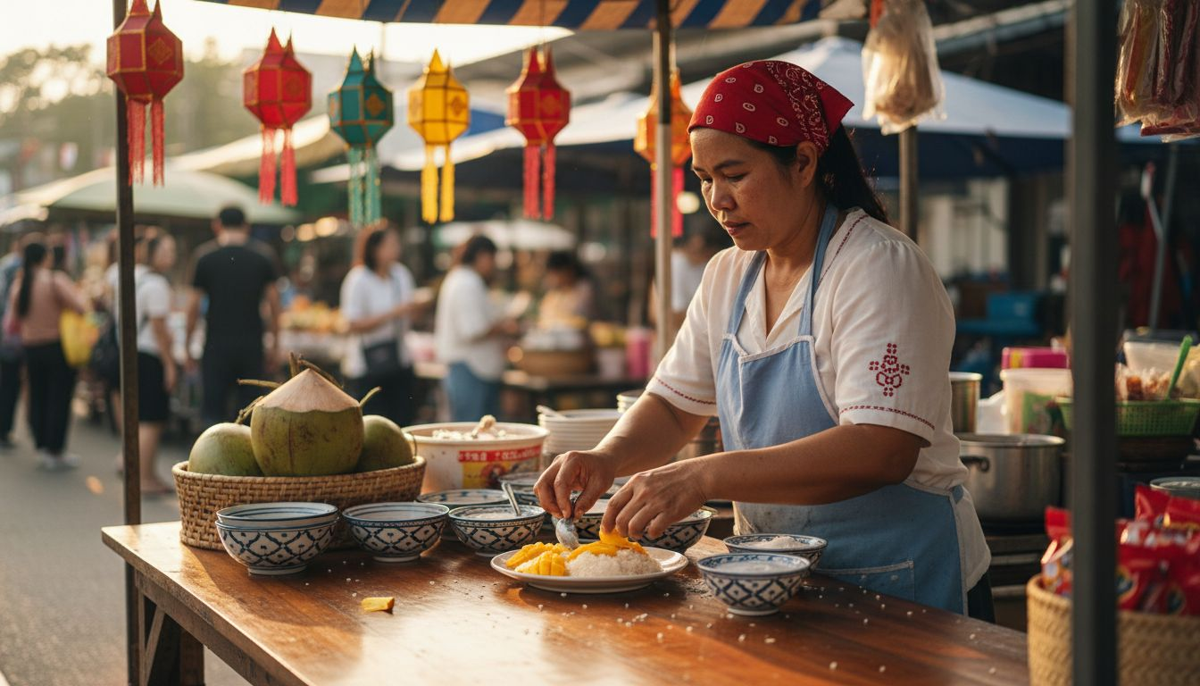 Thai chef arranging traditional dessert table