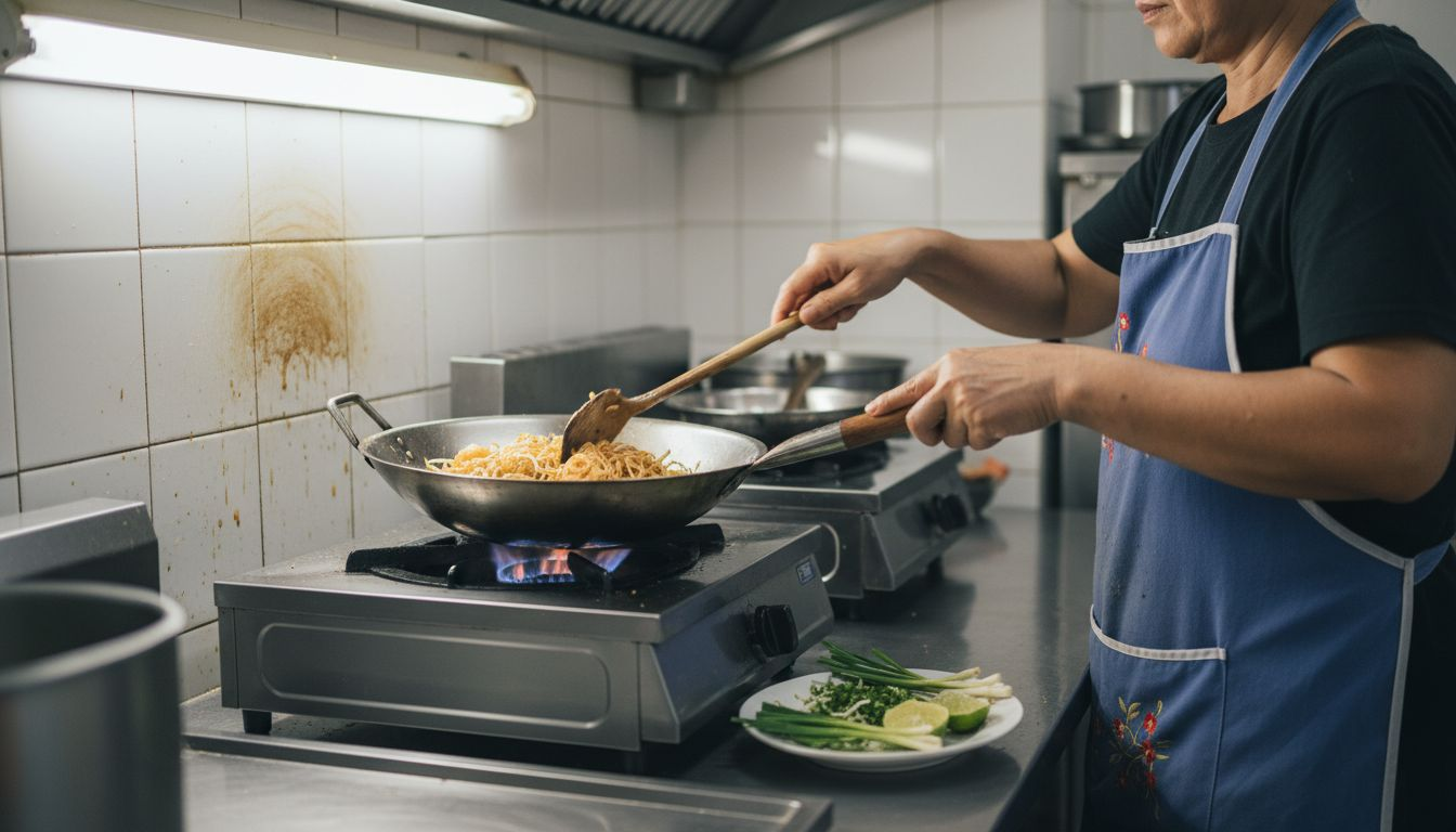 Chef stir-frying Pad Thai in kitchen scene