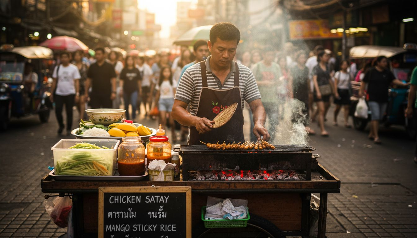 Bustling Thai street food vendor grilling skewers