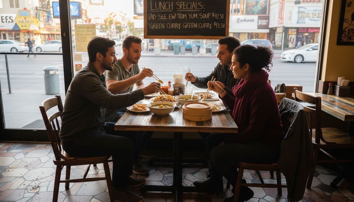 Friends sharing Thai food at Las Vegas restaurant