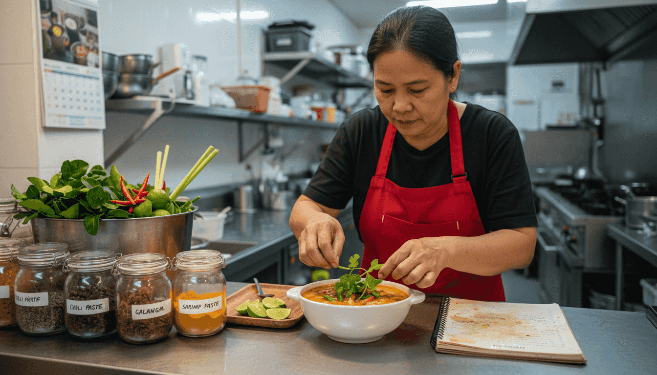 Thai chef preparing food in busy kitchen