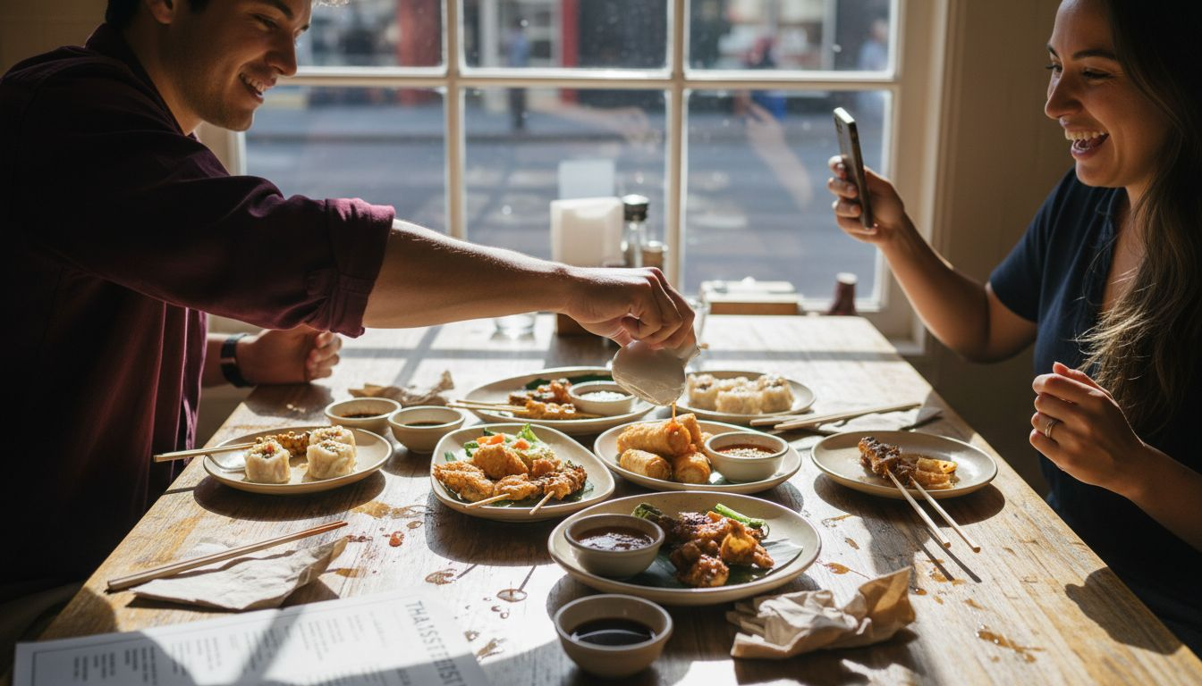 Friends sharing Thai appetizers at lively table