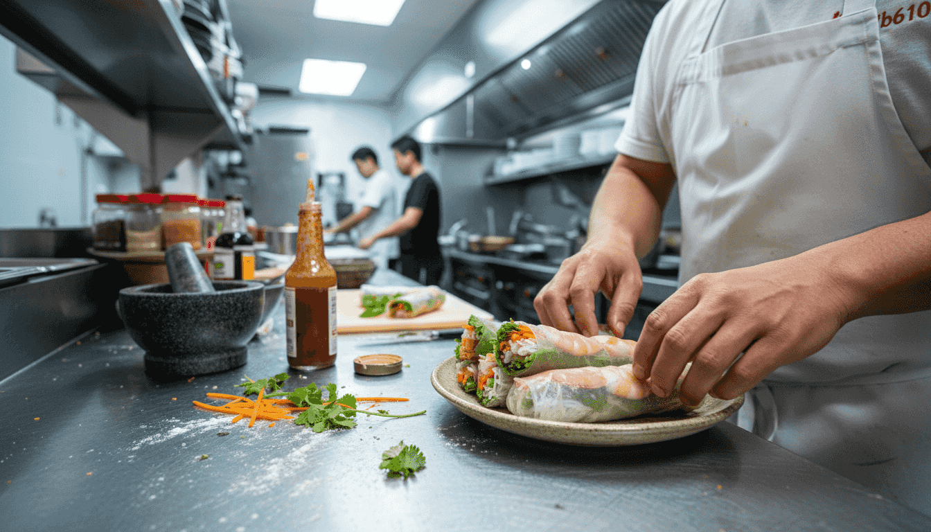 Chef preparing fresh Thai spring rolls