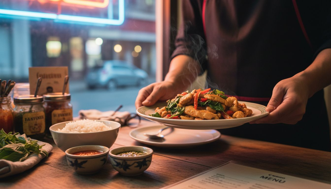 Thai herbs and sauces on shared restaurant table