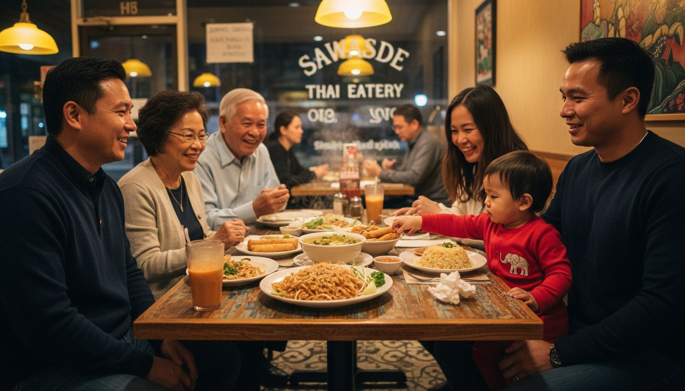 Family sharing Thai dishes at restaurant table