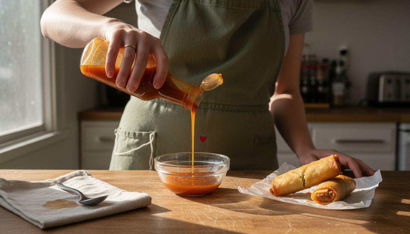 Home cook pouring sweet chili sauce