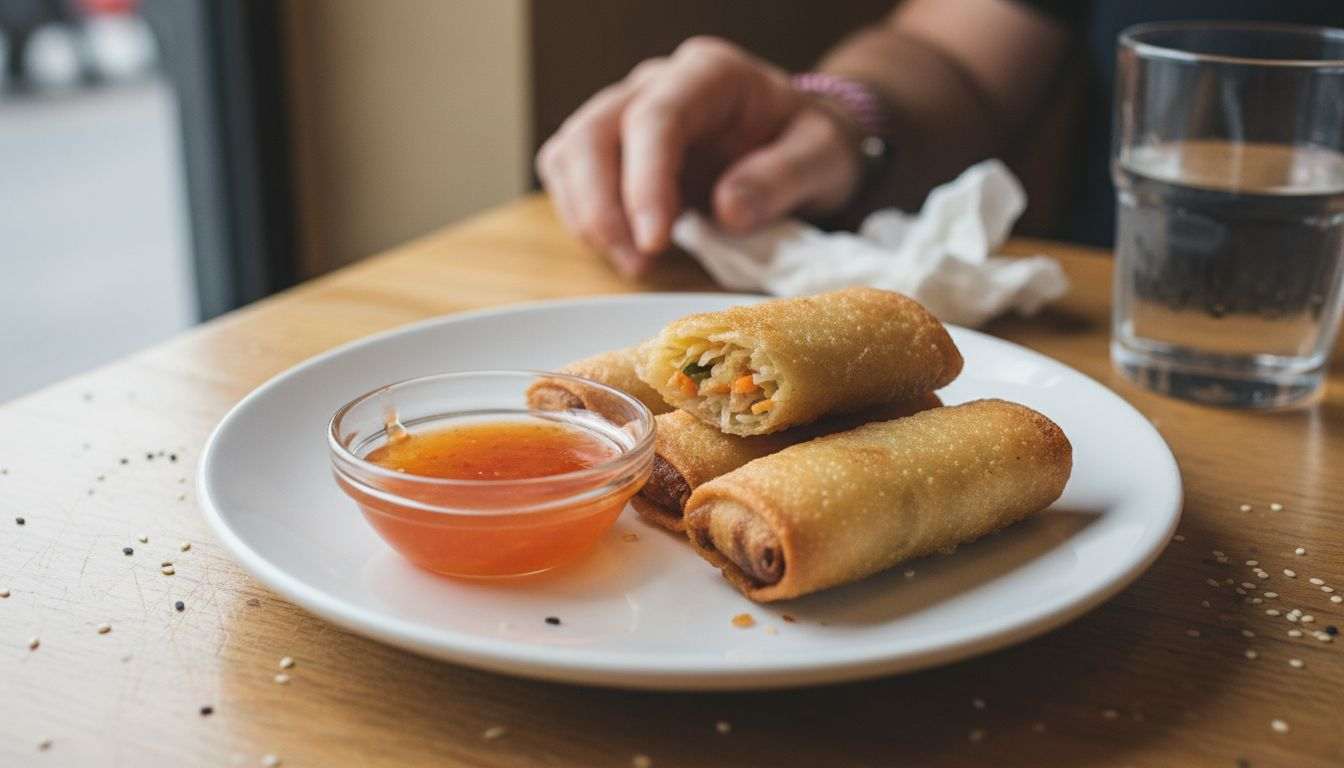 Close-up of crispy spring rolls and sauce