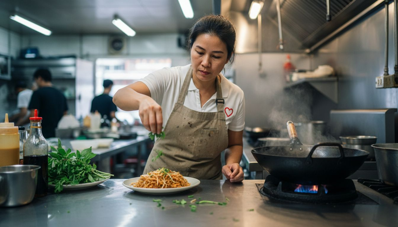 Thai chef using fresh herbs in kitchen