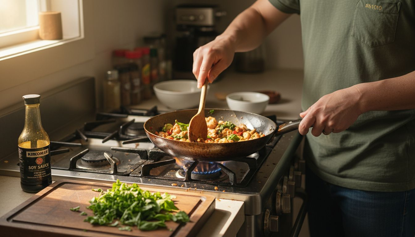 Thai basil stir fry cooking scene