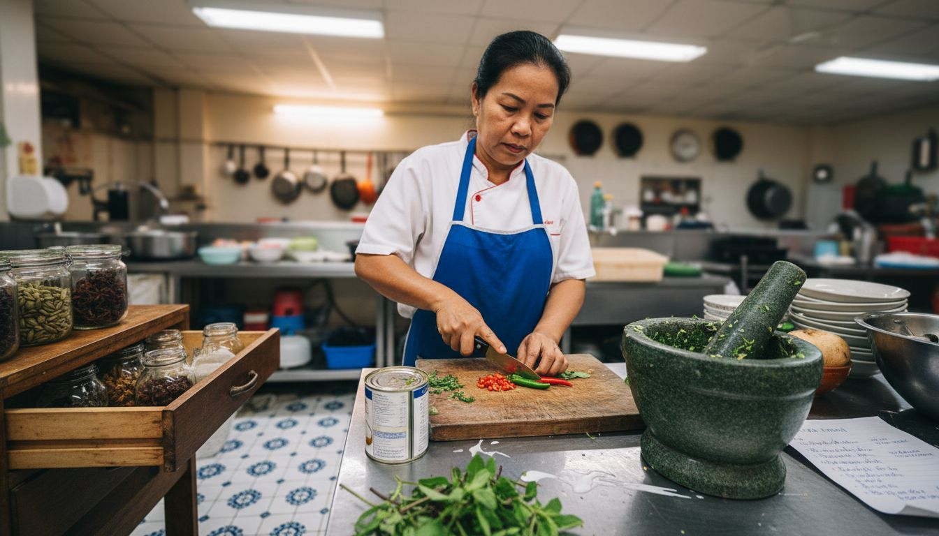Chef preparing green curry ingredients