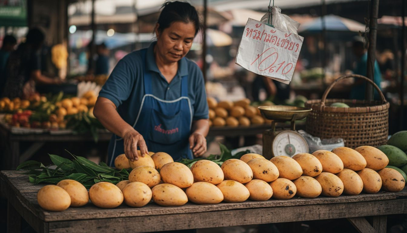 Thai market with authentic dessert mango varieties