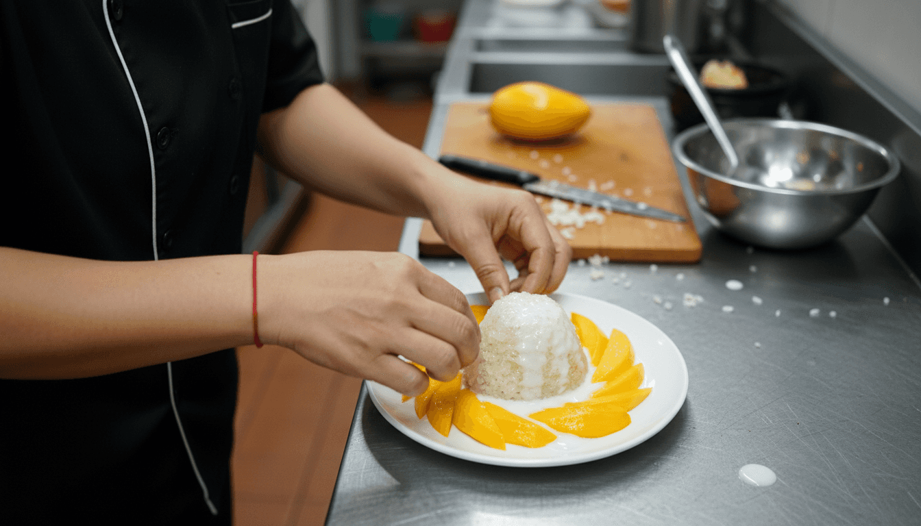 Chef plating authentic mango sticky rice dessert