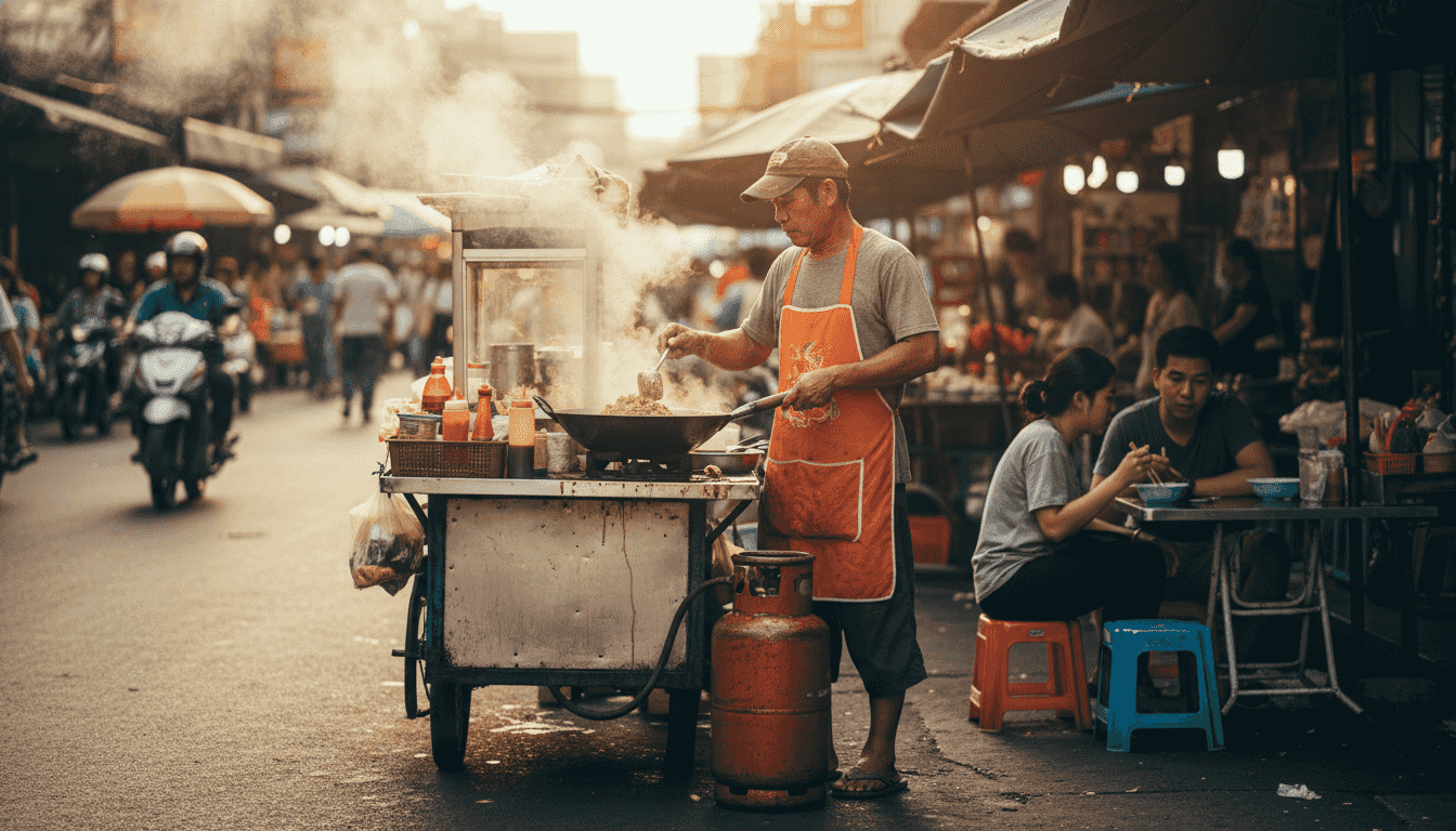 Thai street vendor cooking steak fried rice