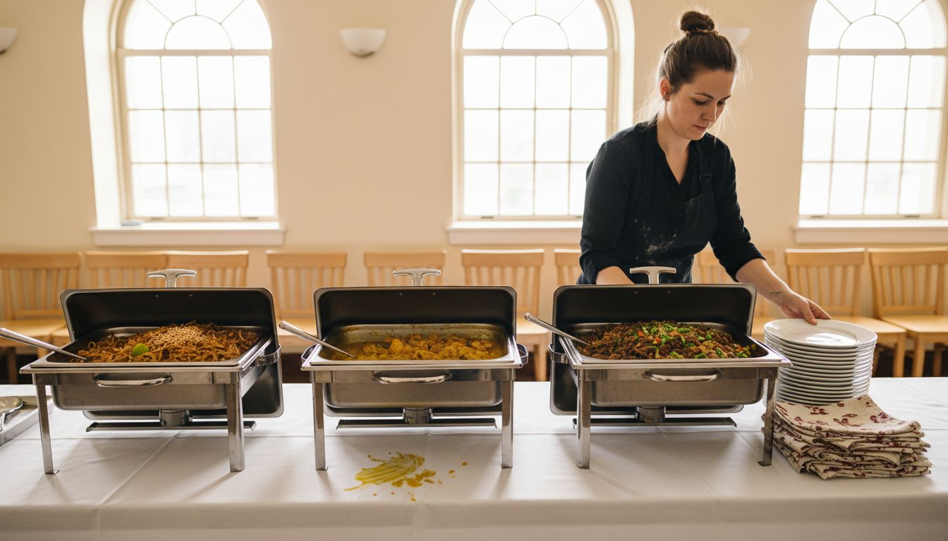 Thai lunch catering dishes in bright event hall