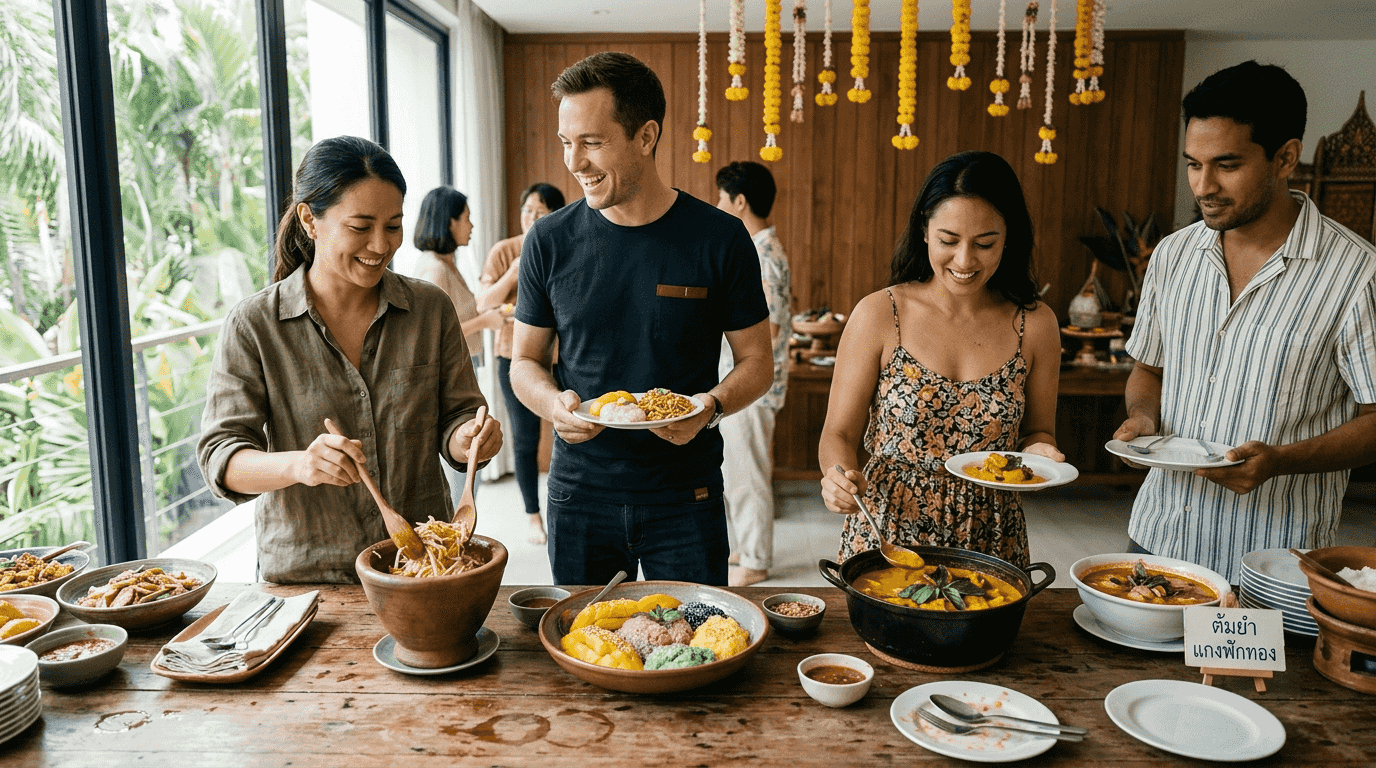 Guests serving seasonal Thai dishes at event buffet