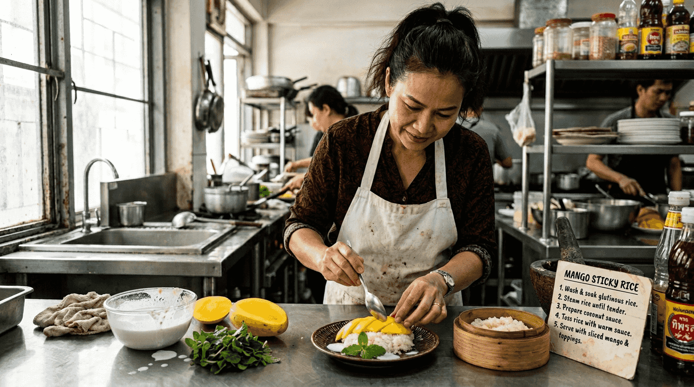 Chef plating mango sticky rice in spring kitchen