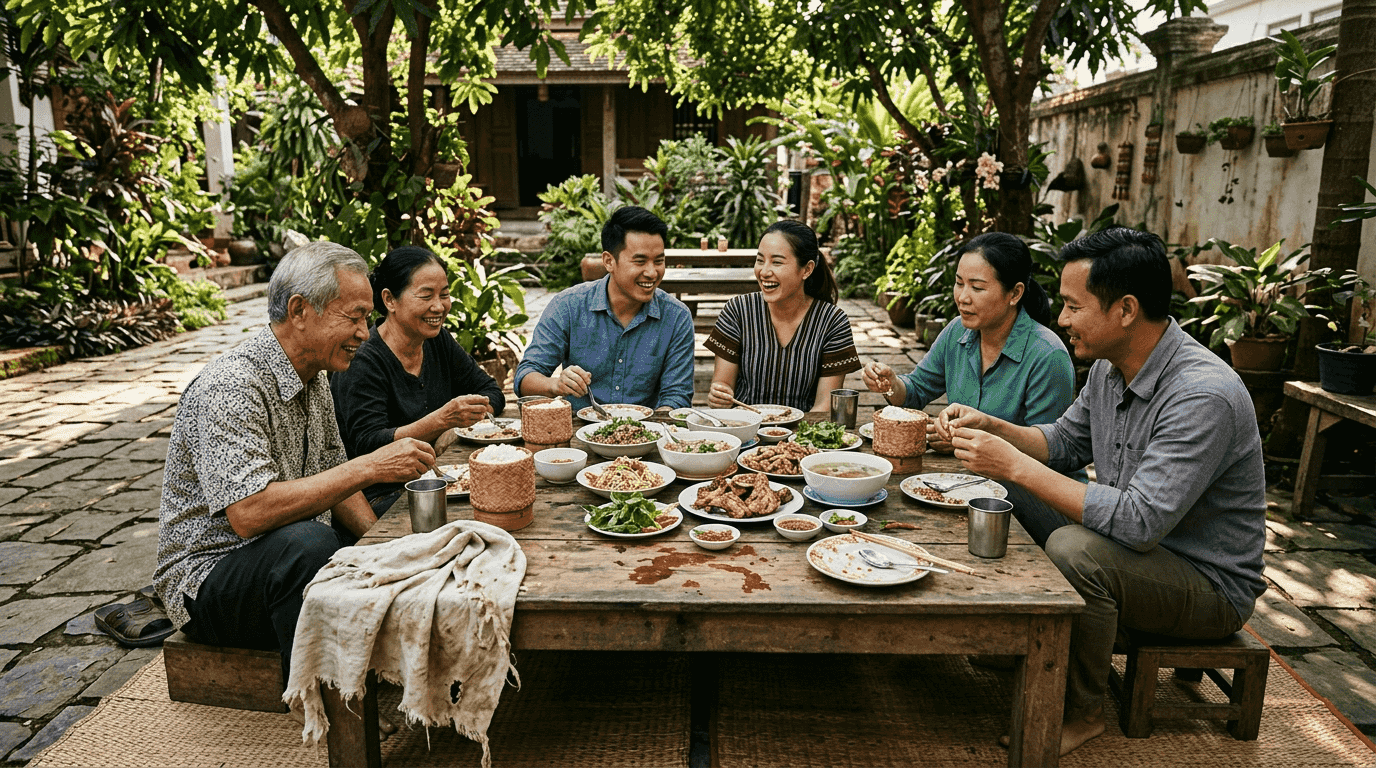 Laos family sharing authentic food outdoors