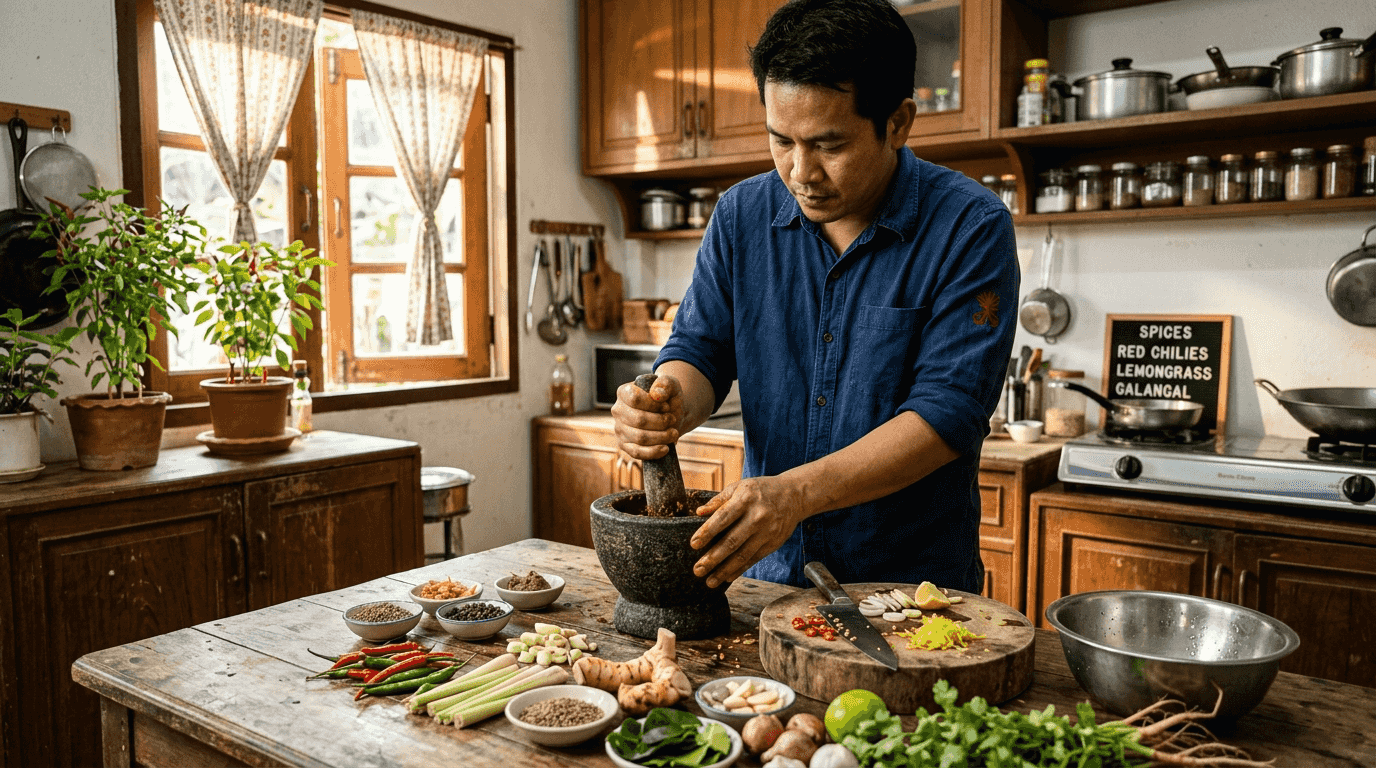 Chef preparing Thai curry paste in bright kitchen