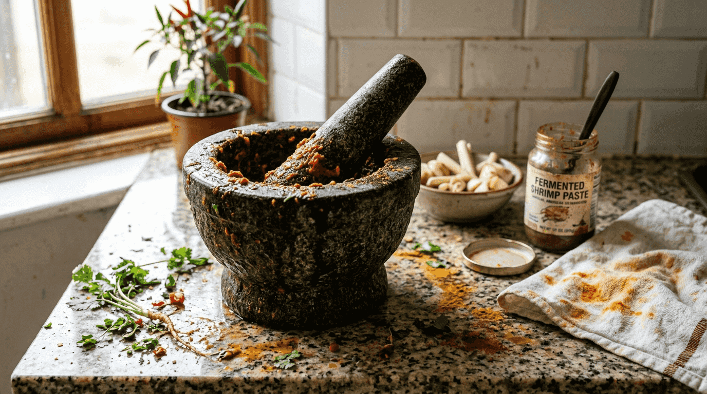 Granite mortar pestle and curry paste remnants