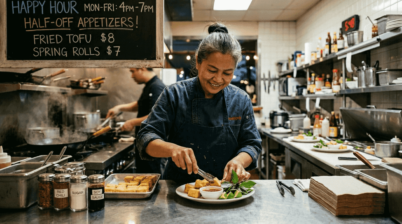 Chef preparing Thai happy hour dishes