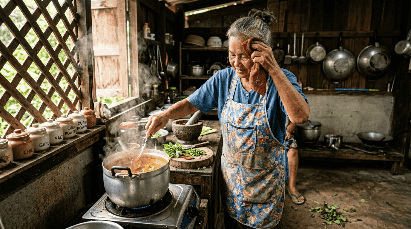 Elderly Thai woman cooking traditional meal