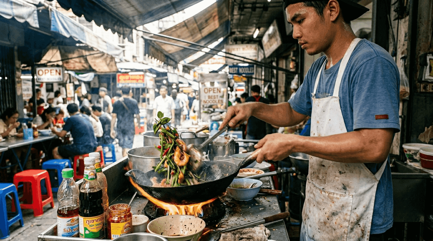Thai street food chef cooking over wok