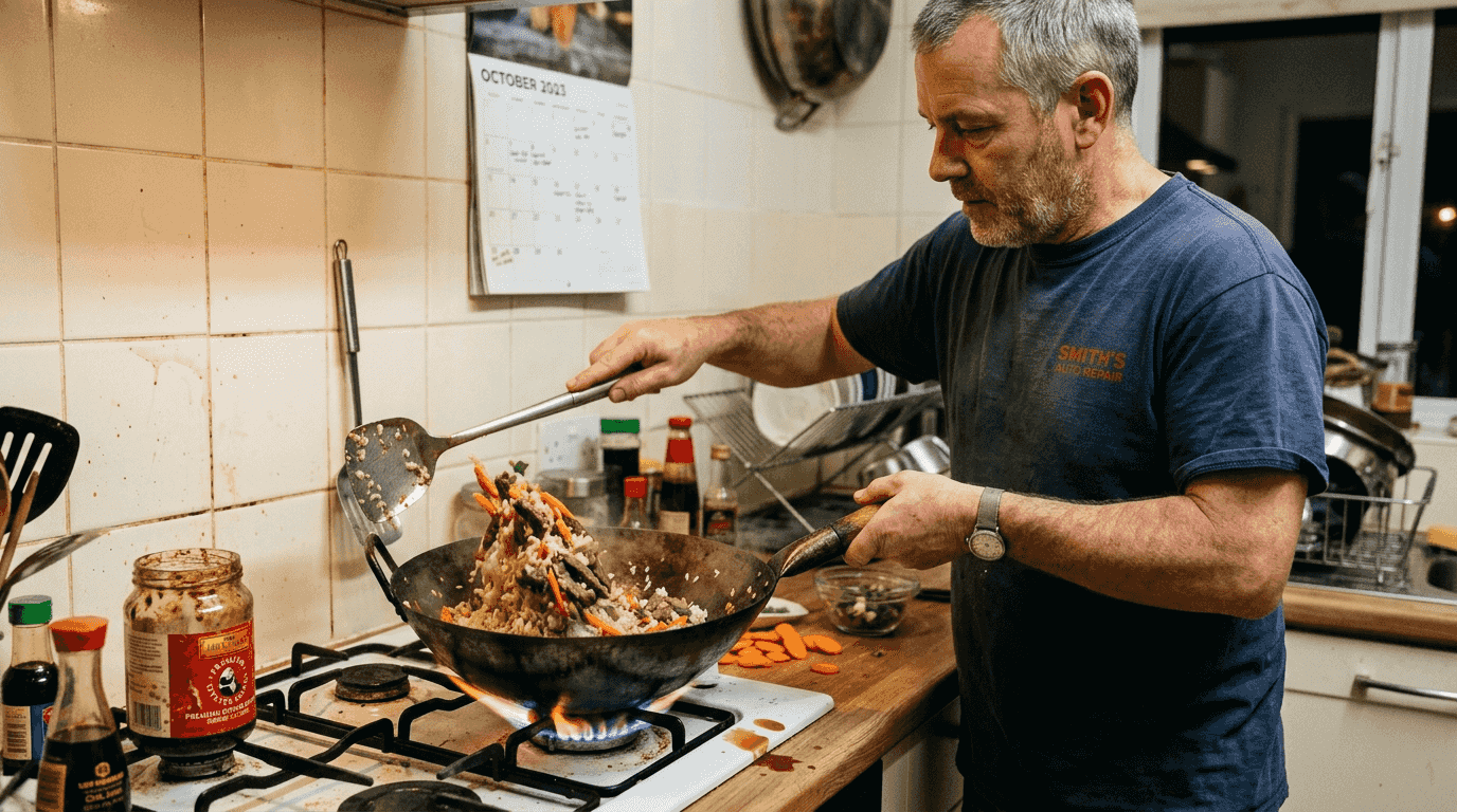 Stir-frying steak fried rice in wok