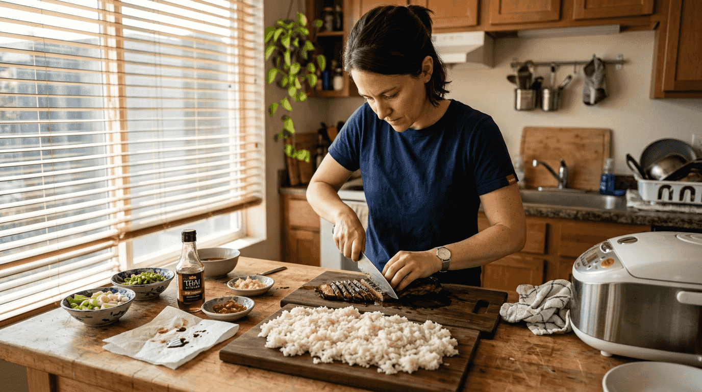 Cook preparing steak and rice at kitchen counter