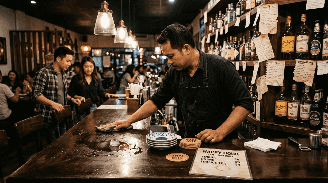 Couple selecting seating at Thai bar during happy hour