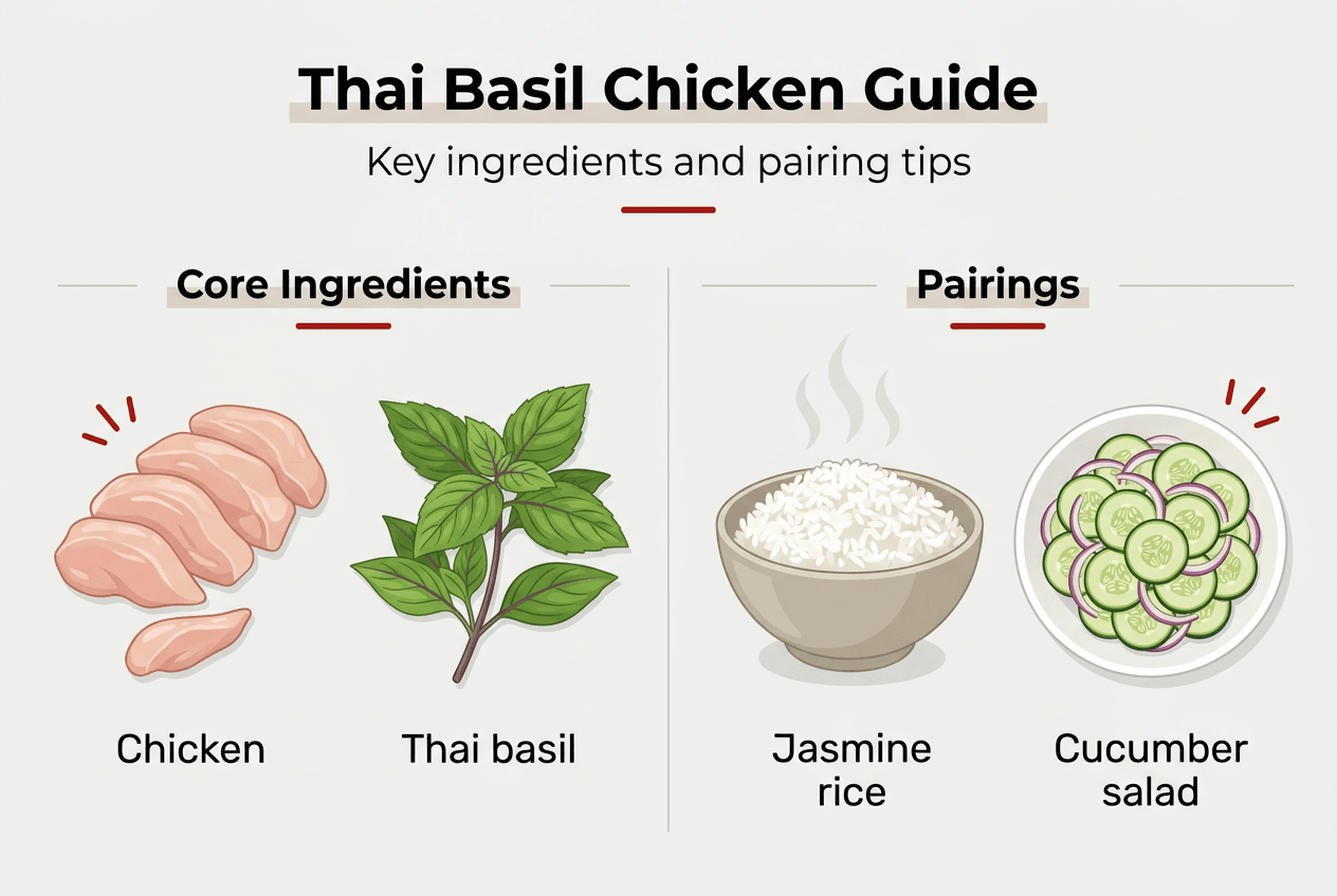 Infographic with Thai basil chicken ingredients and pairings