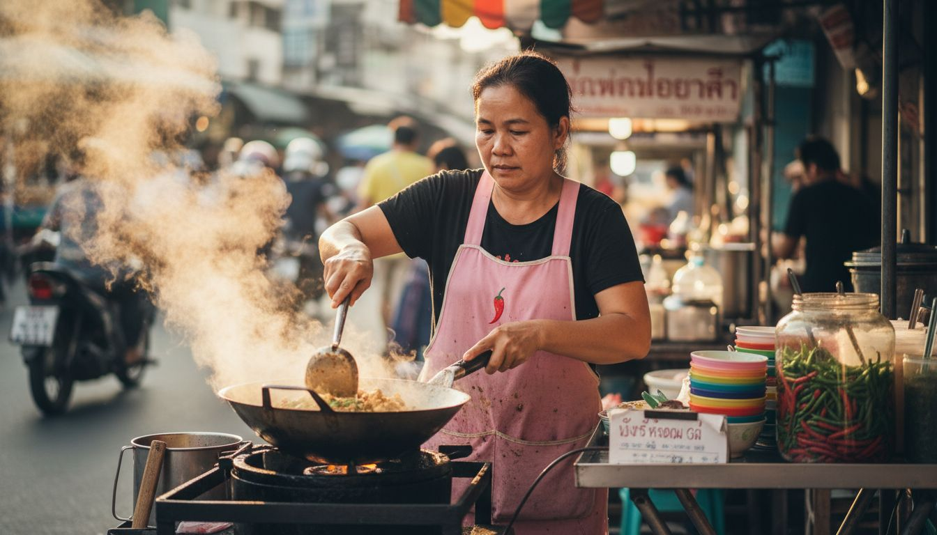 Street vendor cooking Thai basil chicken