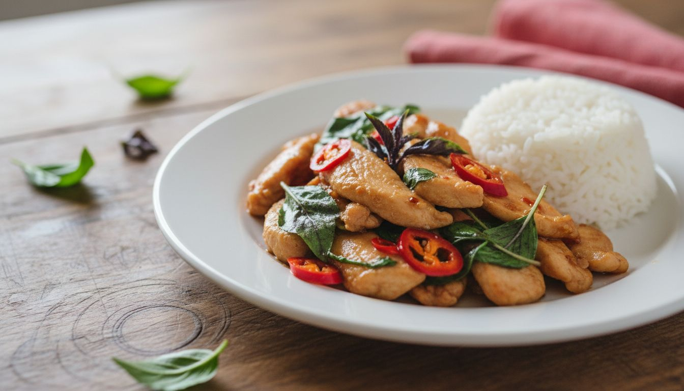 Close-up of Thai basil chicken dish