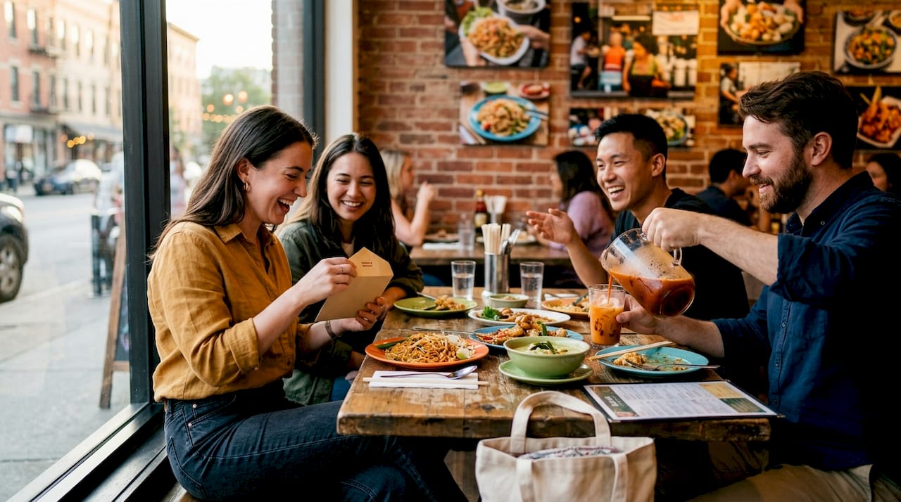 Friends celebrating with gift card at Thai restaurant