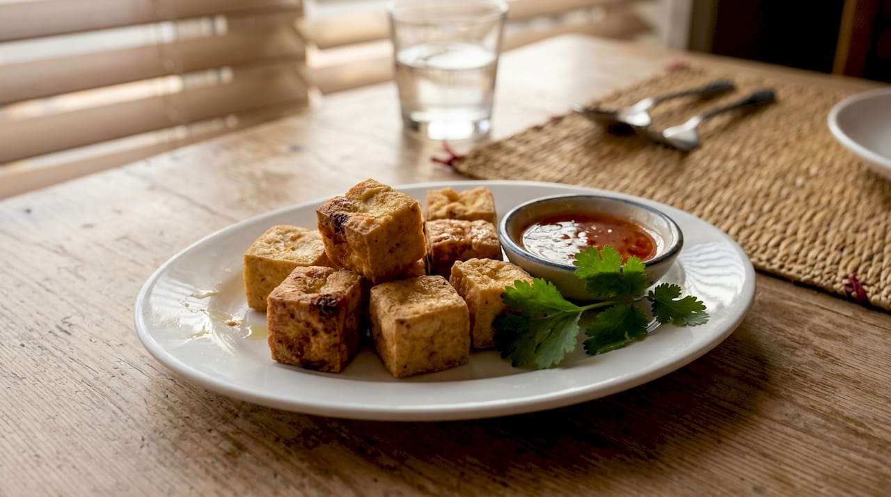 Fried tofu cubes and chili sauce on table