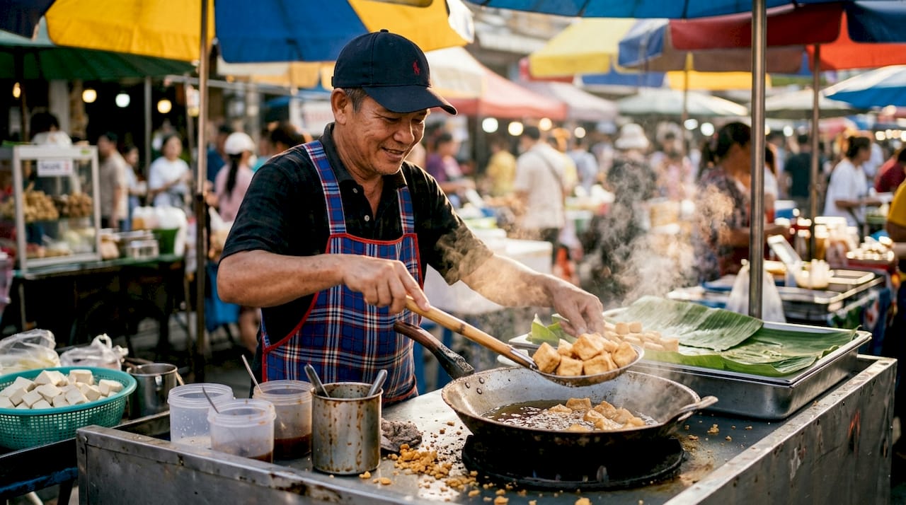 Thai vendor frying tofu at outdoor market