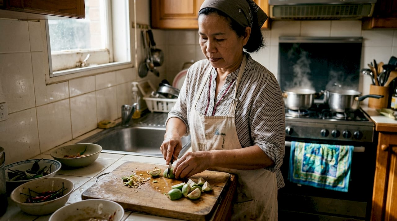 Thai chef prepping green eggplant in home kitchen