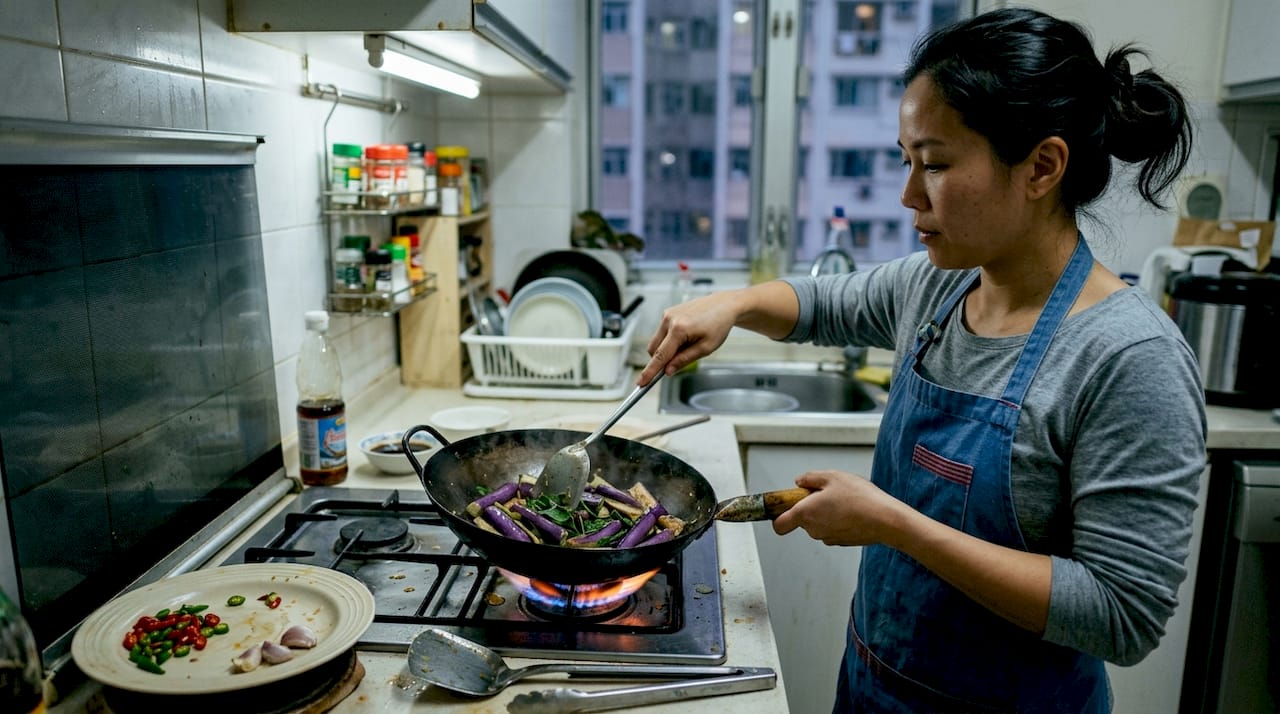 Stir frying long Thai eggplant with basil