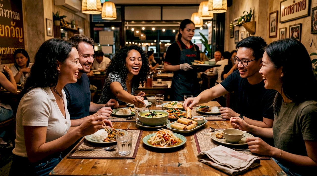 Group enjoying meal at Thai restaurant