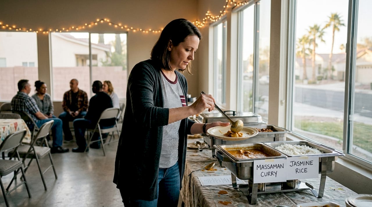 Attendee serving Thai food at buffet line