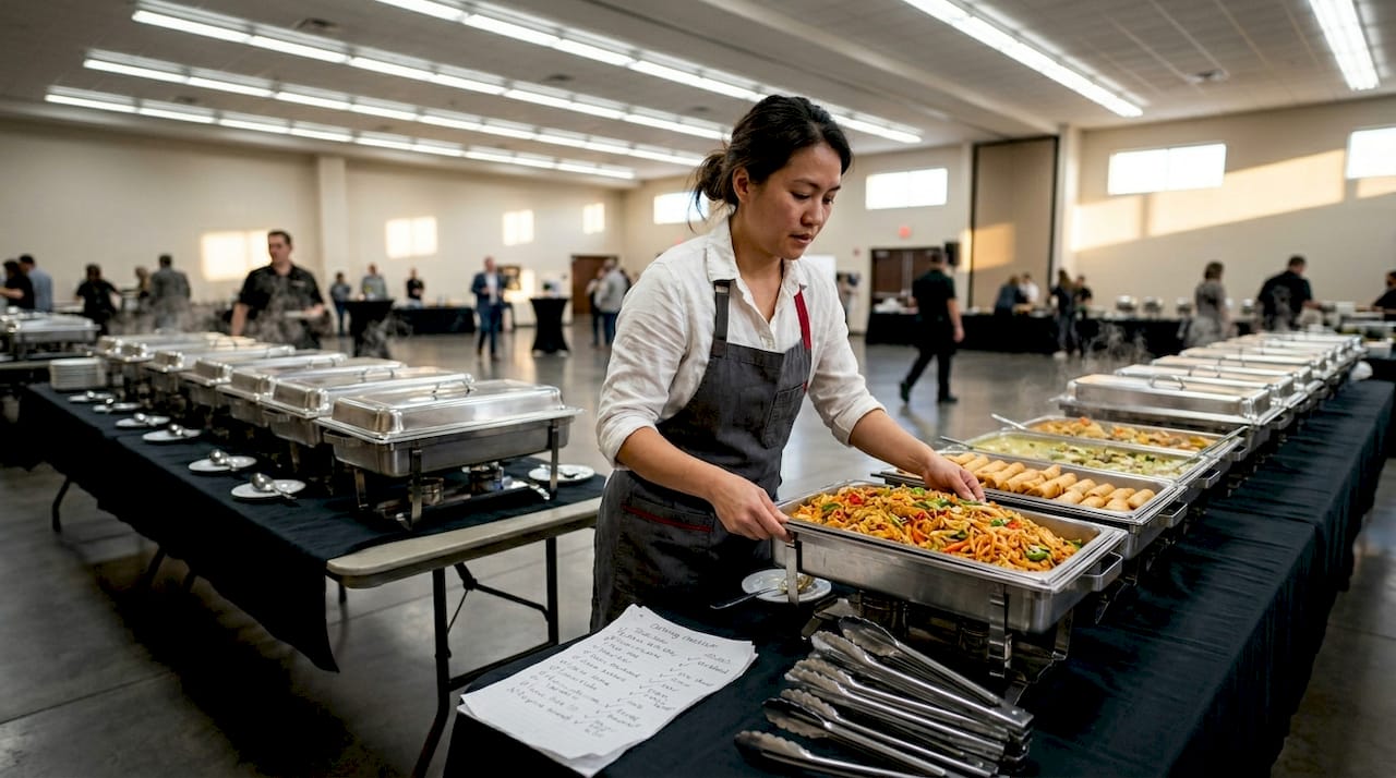 Catering chef arranging Thai food for event