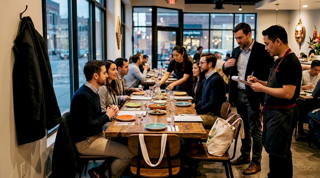 Large party settling at Thai restaurant table