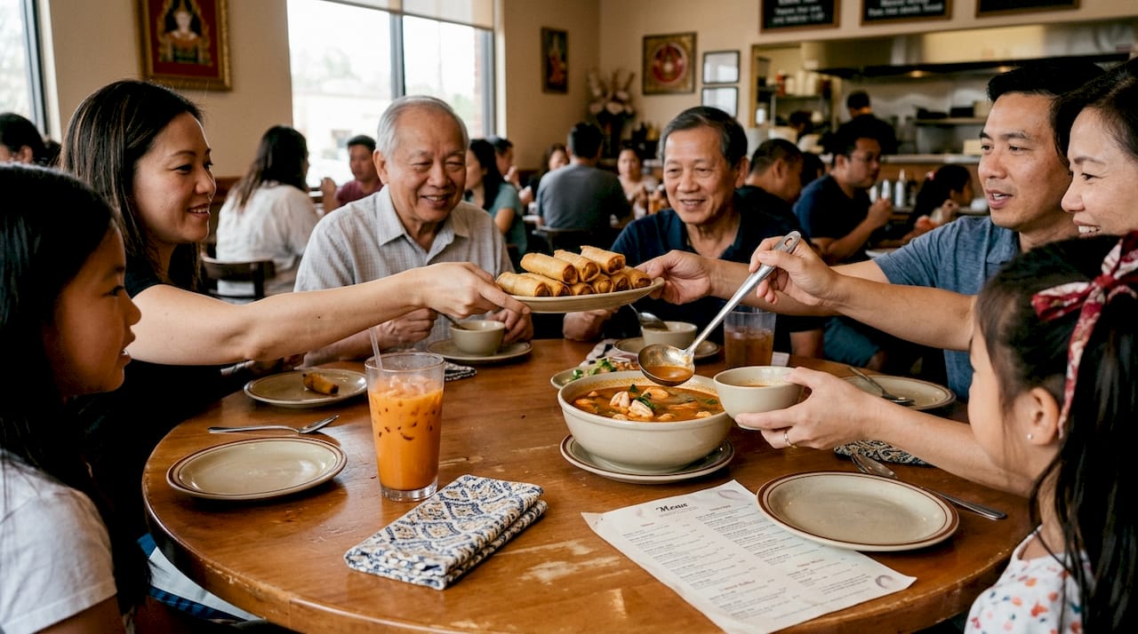 Families sharing platters at Thai table